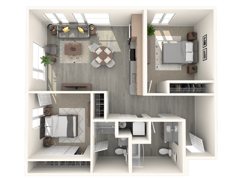 Floor plan for 2 beds, 2 baths, 981 sqft